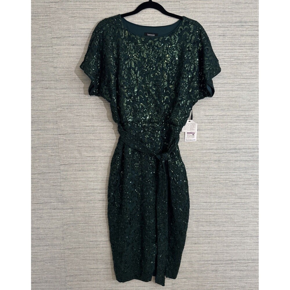 Kensie Women Green Sequin Floral-Lace Blouson Wrap Dress Size 6